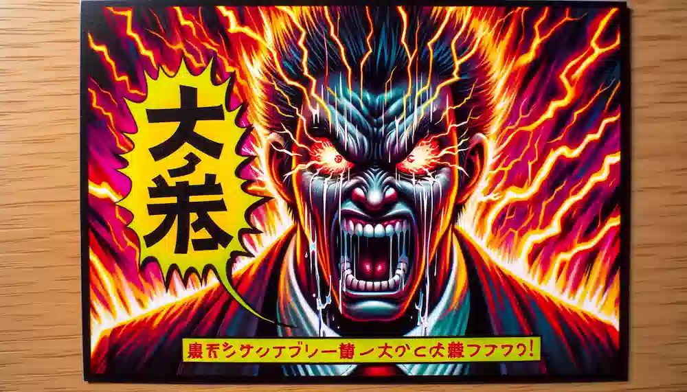 「ぶちまわす」という広島弁の意味と使用例を示すシーン。キャラクターは激怒しており、背景には鮮やかで衝突する色が使われて、その攻撃的な性質が強調されています。