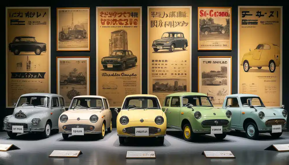 クラシックな雰囲気の展示場に並ぶ4台のパイクカー。左からベージュのニッサン・フィガロ、黄色のニッサンBe-1、緑色のニッサン・パオ、そして白いニッサンS-Cargo。各車両の前に説明用の看板が立てられており、背景にはヴィンテージなポスターが飾られている。