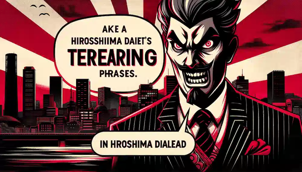 広島の街並みを背景に、怖い表情をしたキャラクターが脅し文句を発しているシーン。キャラクターは叫んでおり、赤と黒の強い色が強調されています。