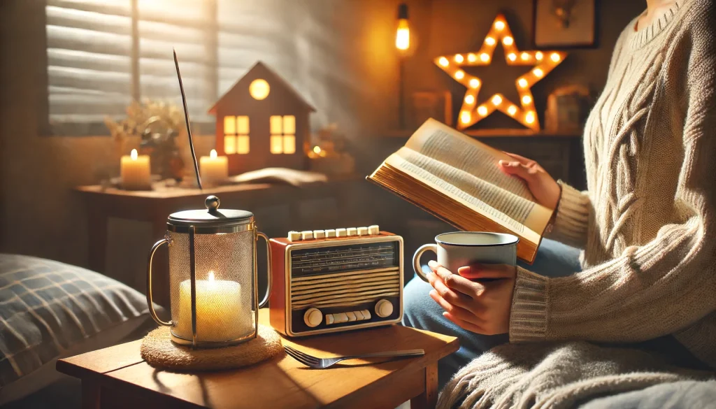 ラジオ聴きながら読書のメリットのアイキャッチ画像。快適な部屋でラジオを聞きながら本を読んでいる、リラックスした雰囲気のシーン。