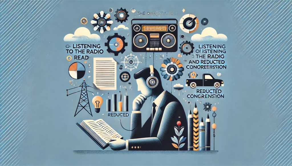 ラジオ聴きながら読書のデメリットのアイキャッチ画像。ラジオを聞きながらの読書における注意散漫や理解力の低下などの欠点を強調した、情報豊富で視覚的に魅力的な構図。