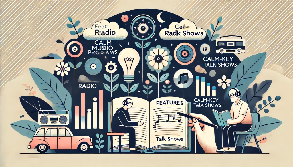 読書に適したラジオ番組の特徴とは？のアイキャッチ画像。穏やかな音楽や控えめなトークショーなど、読書に適したラジオ番組の特徴を強調した、情報豊富で視覚的に魅力的な構図。