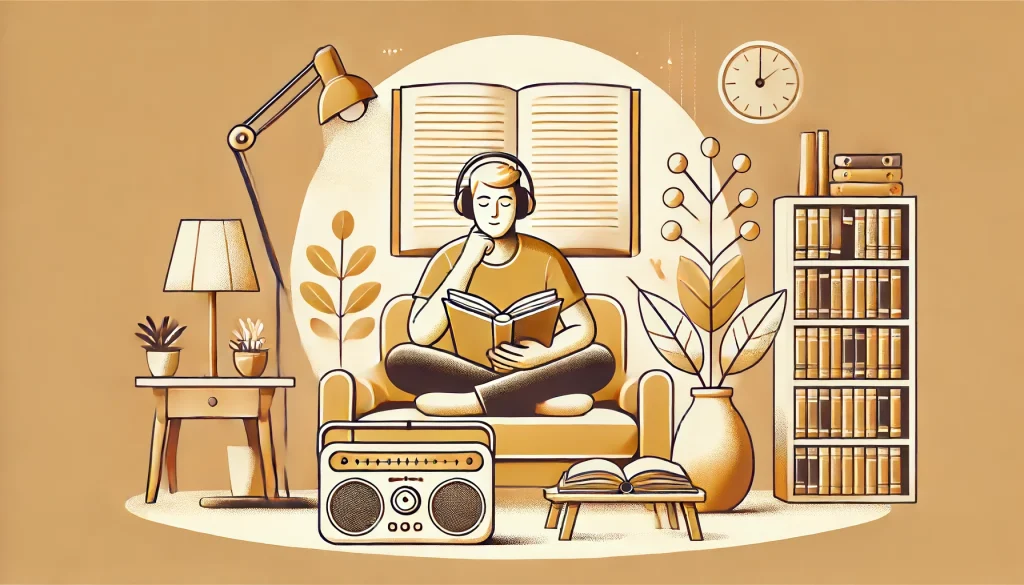 ラジオ聴きながら読書を楽しむためのヒントのアイキャッチ画像。快適な環境でラジオを聞きながら読書を楽しむためのヒントを示したシーン。