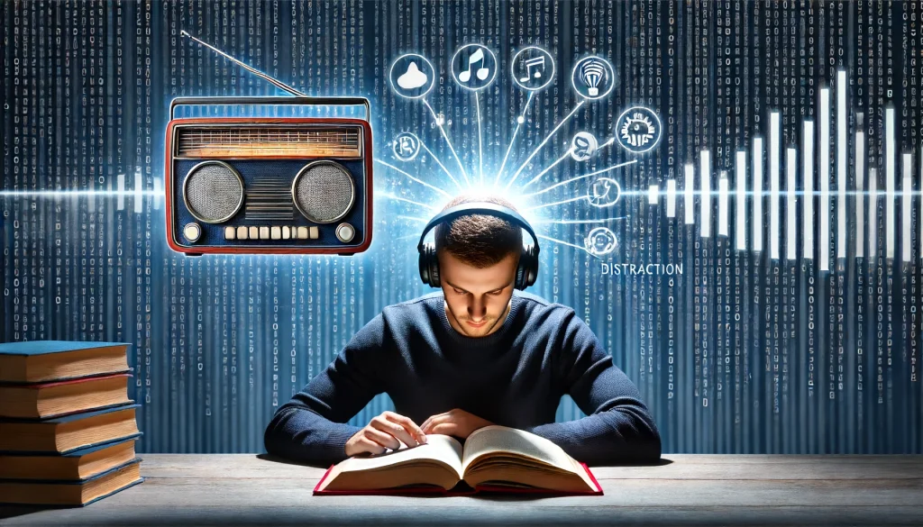 ラジオ 読書 効果：集中力の向上か、散漫か？のアイキャッチ画像。ラジオを聞きながら本を読んでいる人物を描いた、集中と注意散漫の両方を示す構図。