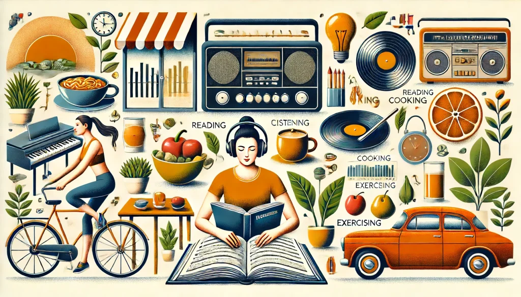 ラジオ聴きながらできること：効果的な活用方法のアイキャッチ画像。読書、料理、運動などの活動をラジオを聞きながら行う様子を描いた、情報豊富で視覚的に魅力的な構図。