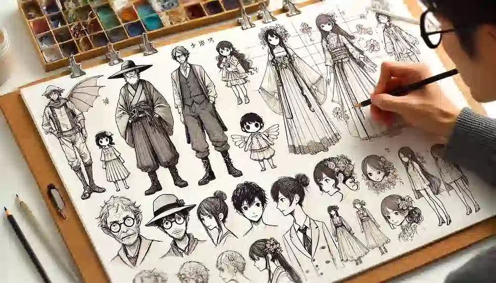 キャラクターデザインのポイントのアイキャッチ画像。様々なキャラクタースケッチ、コスチュームや表情のデザイン要素、独自のキャラクターを創作するアーティストが描かれた構図。
