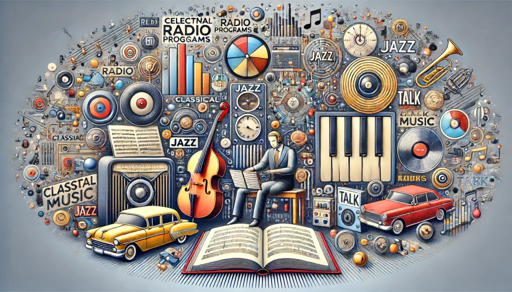読書ラジオの選び方とおすすめジャンルのアイキャッチ画像。クラシック音楽、ジャズ、トークショーなどの異なるジャンルのラジオ番組の選び方を示した、情報豊富で視覚的に魅力的な構図。