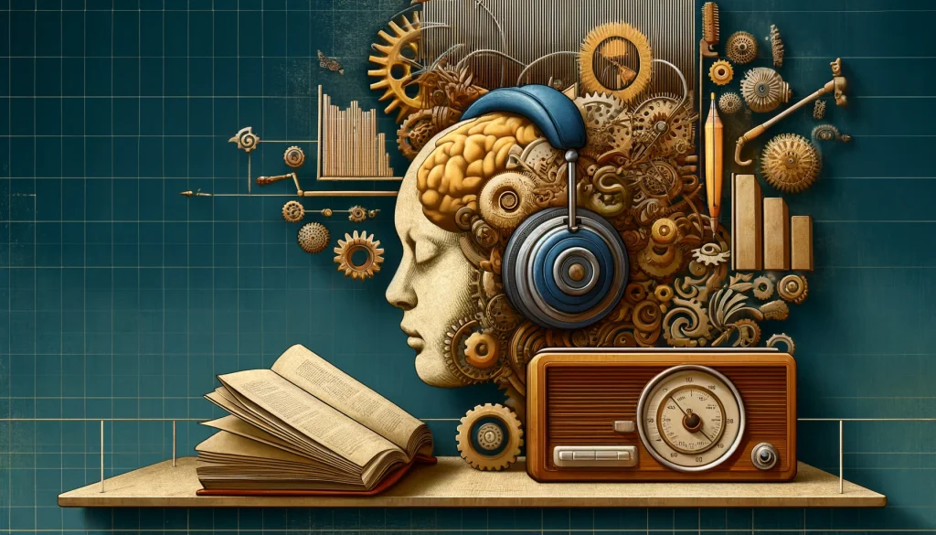 ラジオと読書の同時進行の心理的影響のアイキャッチ画像。ラジオを聞きながら読書することで得られる静けさと認知的関与を示す、情報豊富で視覚的に魅力的な構図。