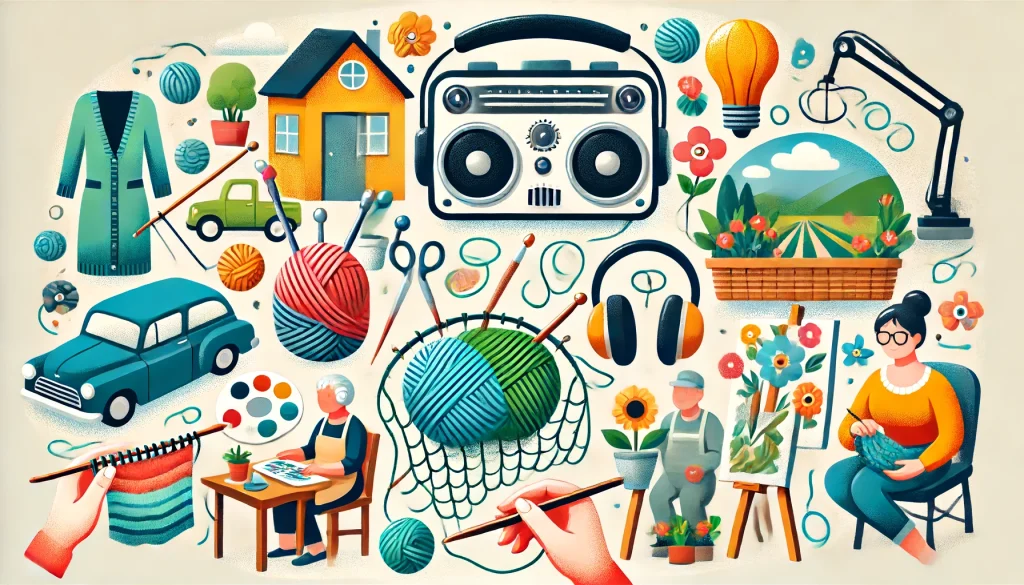 ラジオ聴きながらできる趣味：他の活動との組み合わせのアイキャッチ画像。編み物、絵画、ガーデニングなど、ラジオを聞きながら行える趣味を示した、情報豊富で視覚的に魅力的な構図。