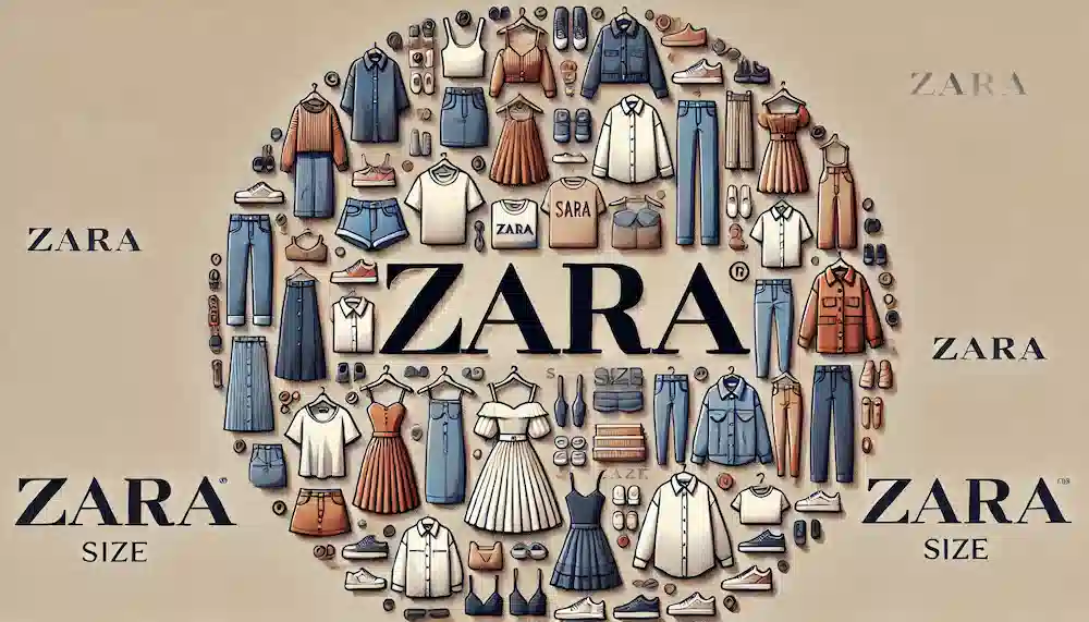 ZARAのロゴと多様なサイズの服が並んでいるシーン。