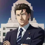 国会議事堂を背景に、決意を固めた表情で立つラサール石井氏のアニメ風イラスト