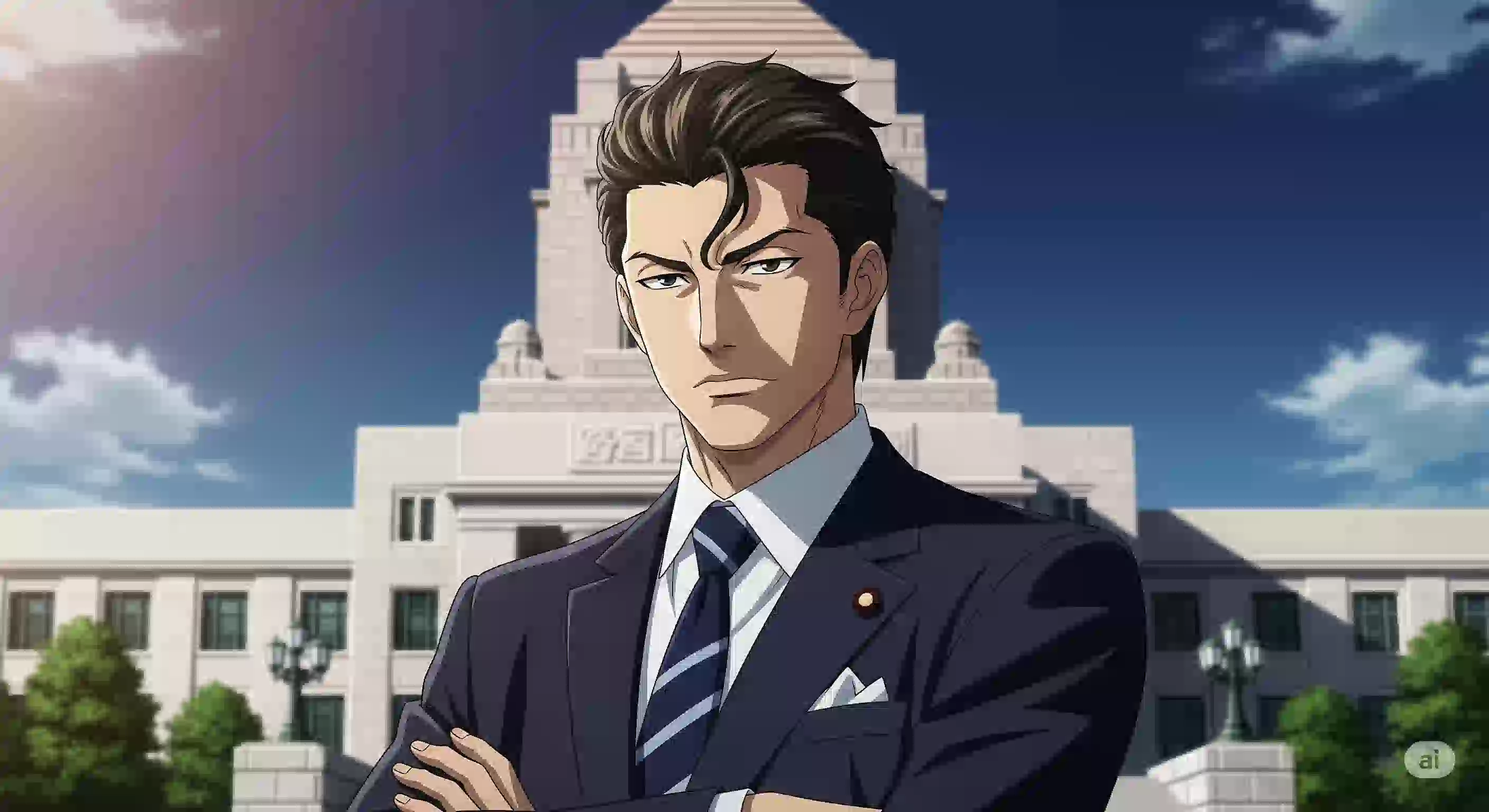 国会議事堂を背景に、決意を固めた表情で立つラサール石井氏のアニメ風イラスト
