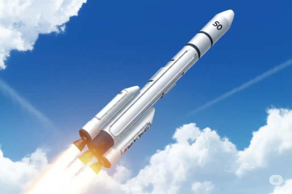 日本のH2Aロケット最終号機（50号機）が青空に向かって力強く上昇していくアニメ風イラスト。ロケットの底部からはオレンジ色の炎が噴出しており、機体には「H2A」と「50」の文字が確認できる。周囲には祝福のエフェクトが輝いている。