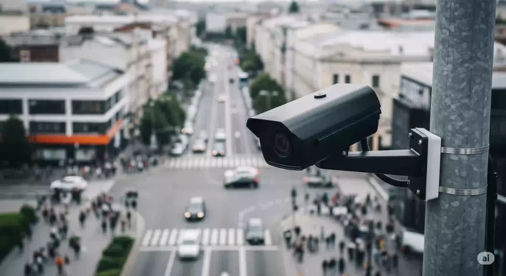 SNSでの拡散リスクやコンプライアンス意識の高まりを象徴する、街中に設置された監視カメラ
