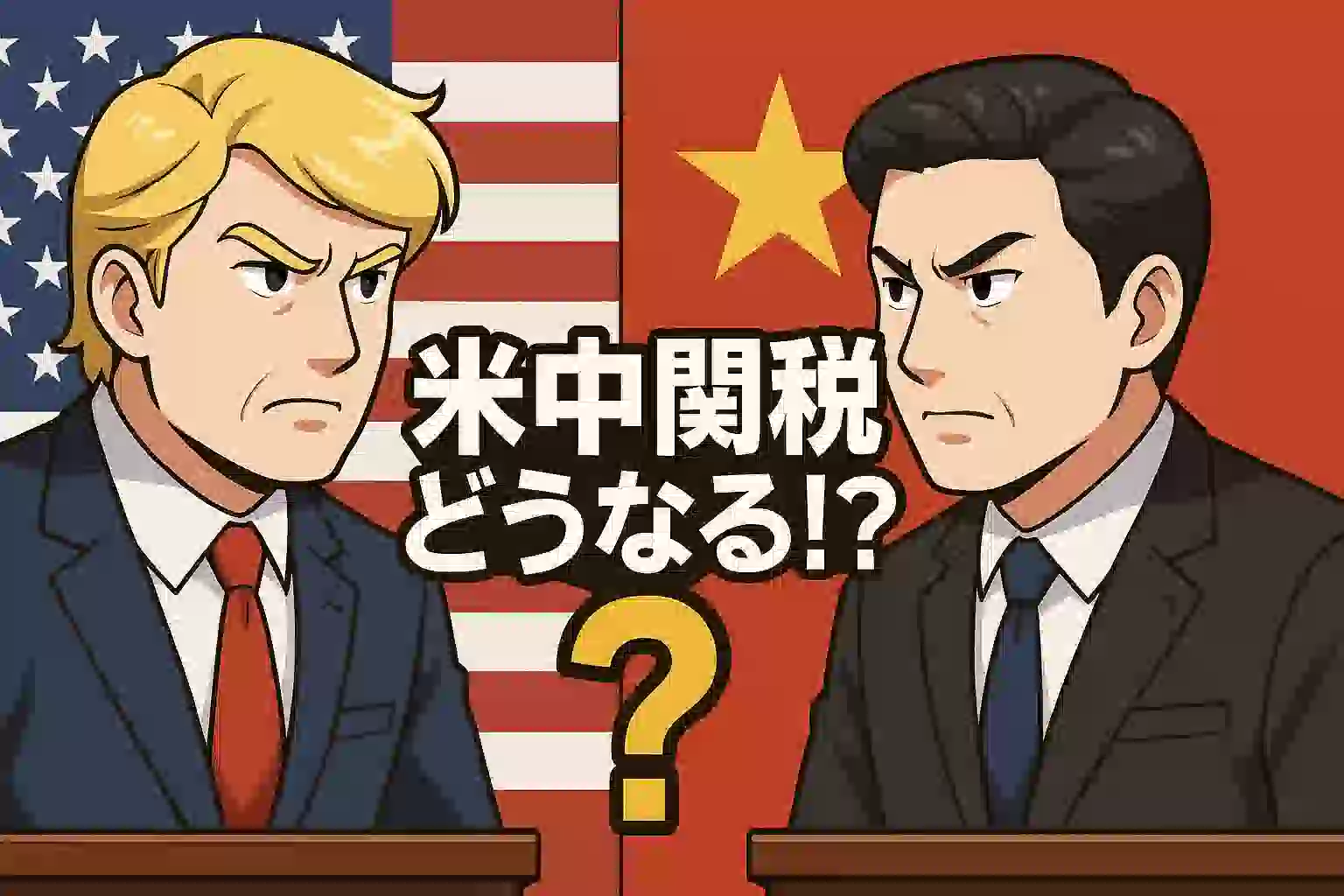 腕組みをするトランプ大統領と立つ習近平国家主席がハテナマークを挟んで対峙。背景にアメリカと中国の国旗。「米中関税 どうなる！？」のタイトル。