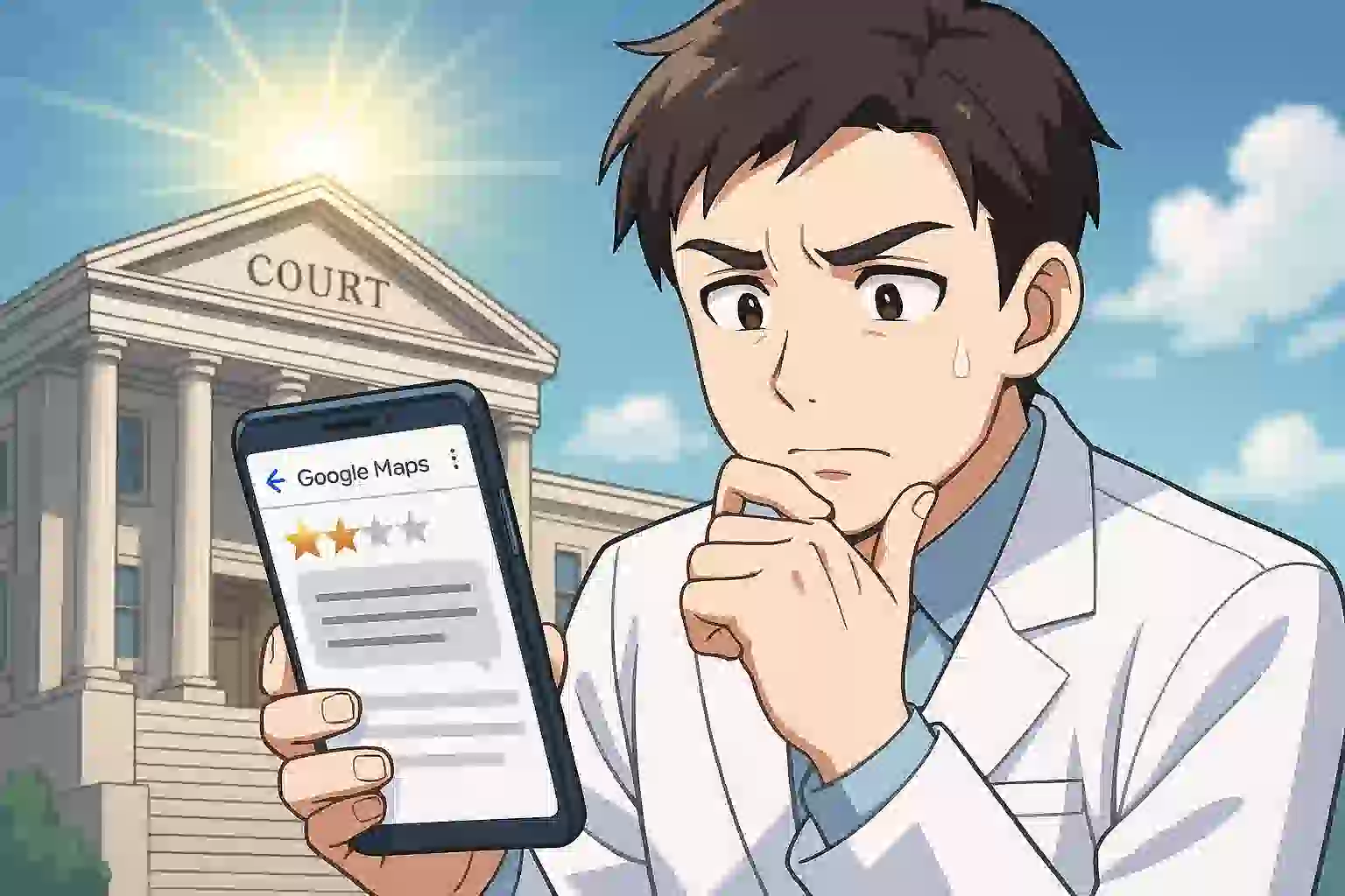 Googleマップの口コミをめぐる名誉毀損裁判で、東京高裁が削除命令を下したことを示すイラスト。