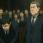 参院選大敗を受け、自民党両院議員懇談会で深々と頭を下げる石破首相と、険しい表情で立つ森山幹事長を描いたアニメ風イラスト