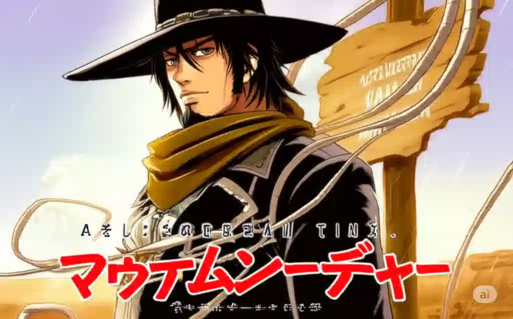 アニメ風に描かれた「ジョジョの奇妙な冒険 スティール・ボール・ラン」の登場人物マウンテン・ティム。砂漠を背景に、カウボーイハットをかぶり、まっすぐな視線でこちらを見ている。