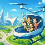 大阪・関西万博の黒字化見込みを伝える記事のアイキャッチ画像。未来的な万博会場の上を、楽しそうな家族連れがエアモビリティで飛んでいるアニメ風イラスト。