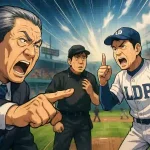 野球の試合に例えられた政局のイラスト。観客席から小沢一郎氏が「アウト！」と叫び、グラウンドでは自民党のユニフォームを着た茂木敏充氏が石破茂首相に詰め寄っている。