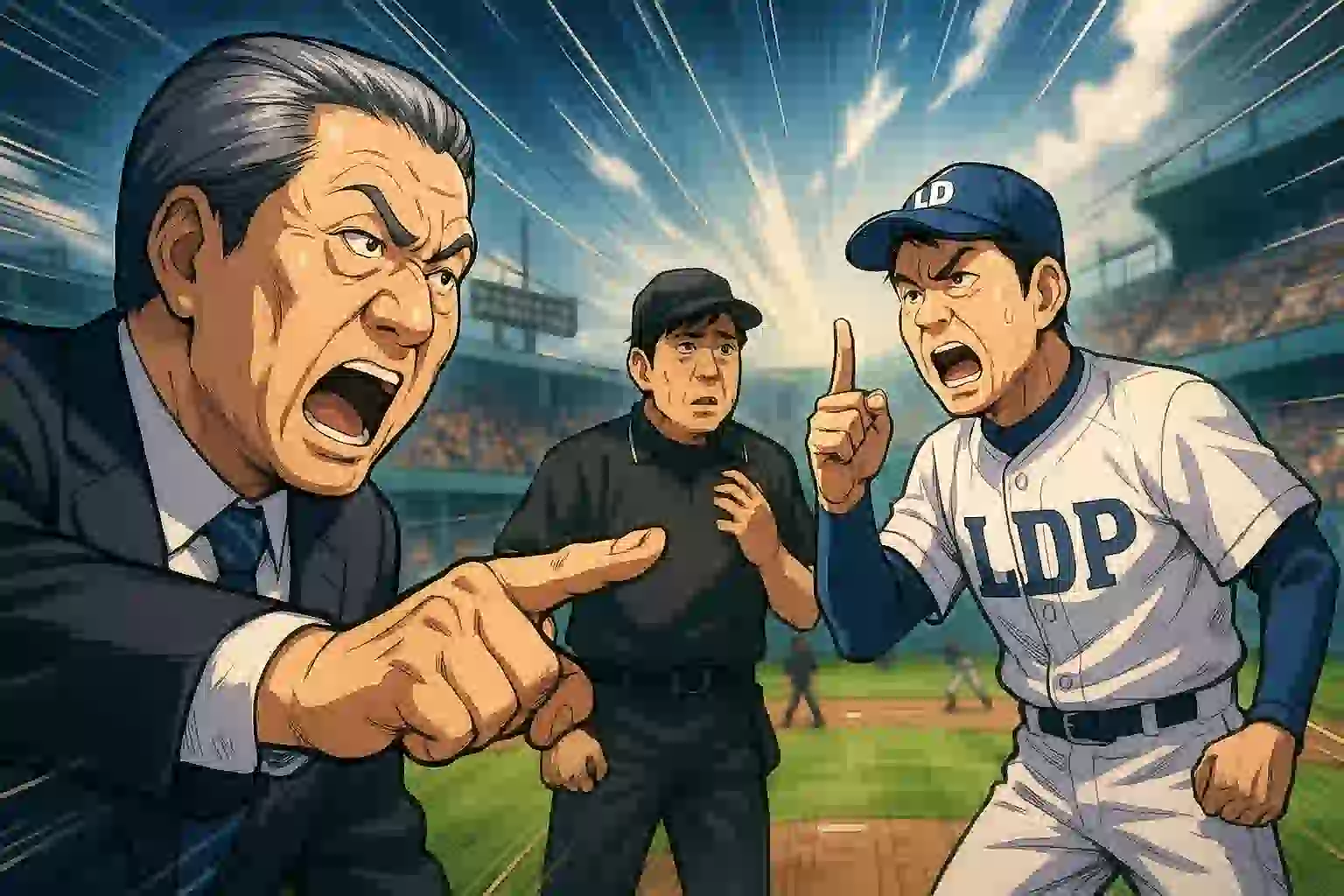 野球の試合に例えられた政局のイラスト。観客席から小沢一郎氏が「アウト！」と叫び、グラウンドでは自民党のユニフォームを着た茂木敏充氏が石破茂首相に詰め寄っている。