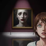 美術館で怖い絵を鑑賞する女性のイラスト
