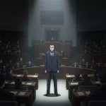 アニメ風イラスト。国会の議場で、スポットライトを浴びて一人立つ石破首相。周囲には敵対する議員たちの影があり、孤立無援で崖っぷちに立たされている状況と、それでも続投を目指す強い意志が表現されている。