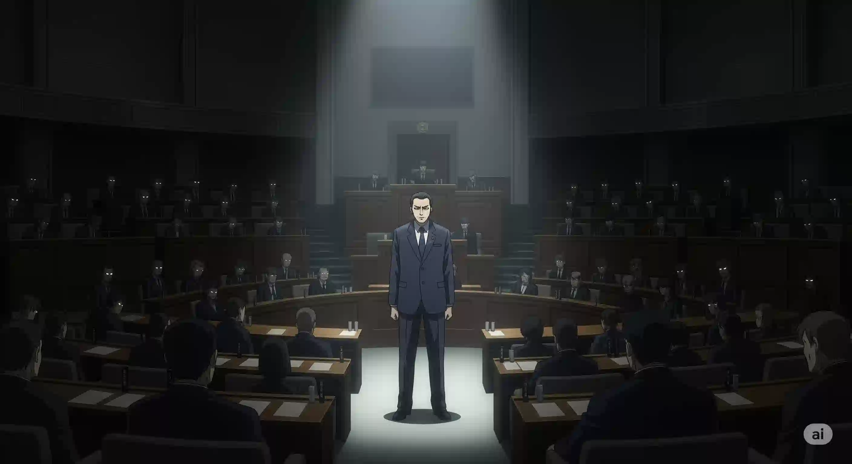 アニメ風イラスト。国会の議場で、スポットライトを浴びて一人立つ石破首相。周囲には敵対する議員たちの影があり、孤立無援で崖っぷちに立たされている状況と、それでも続投を目指す強い意志が表現されている。