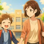 子どもの成績にこだわらない親が増えていることをテーマに、学校の前を親子が笑顔で歩いているイラスト