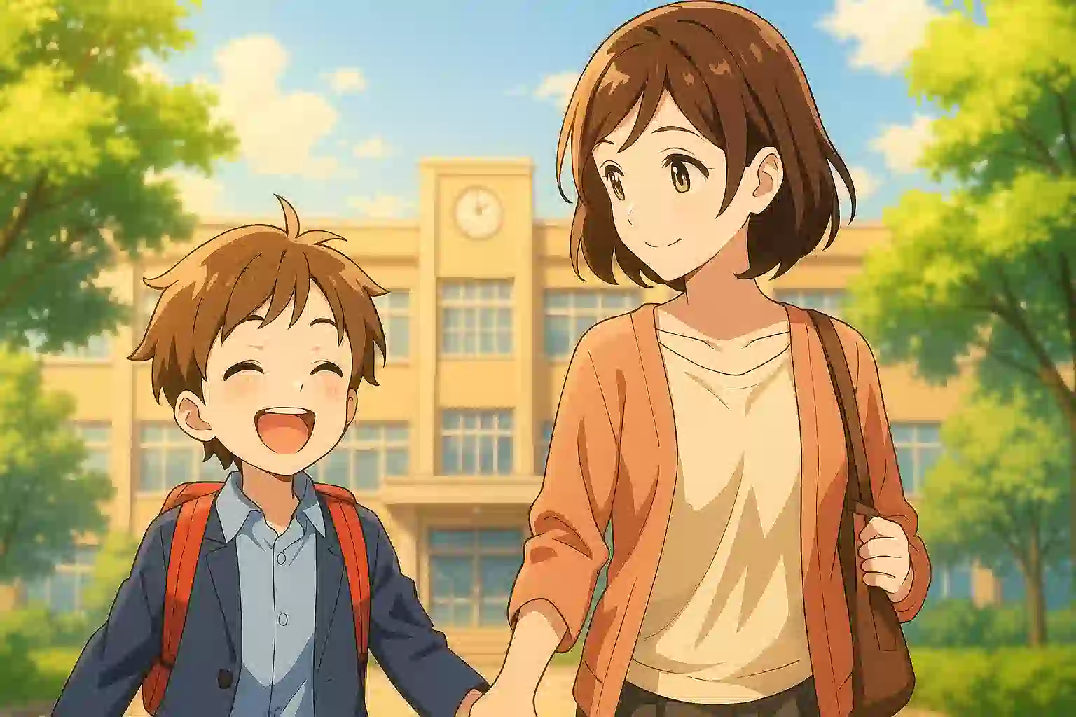 子どもの成績にこだわらない親が増えていることをテーマに、学校の前を親子が笑顔で歩いているイラスト