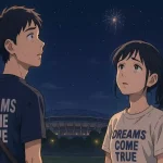 ドリカム花火の中止を惜しみ、夜空を見上げるファンのアニメ風イラスト。安全対策の重要性を示している。