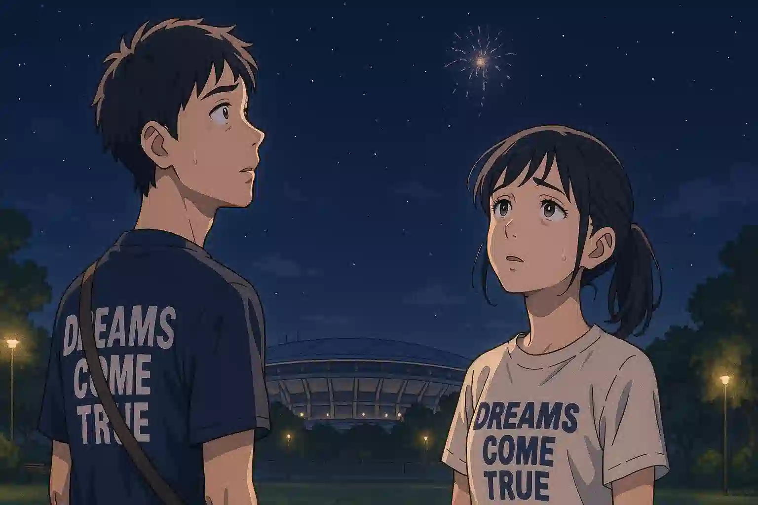 ドリカム花火の中止を惜しみ、夜空を見上げるファンのアニメ風イラスト。安全対策の重要性を示している。