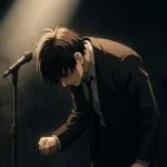 三代目JSBの今市隆二が活動自粛を発表したニュースを表現したイメージ画像。ステージ上で深々と頭を下げる男性歌手と、それを見守るメンバーのシルエット。