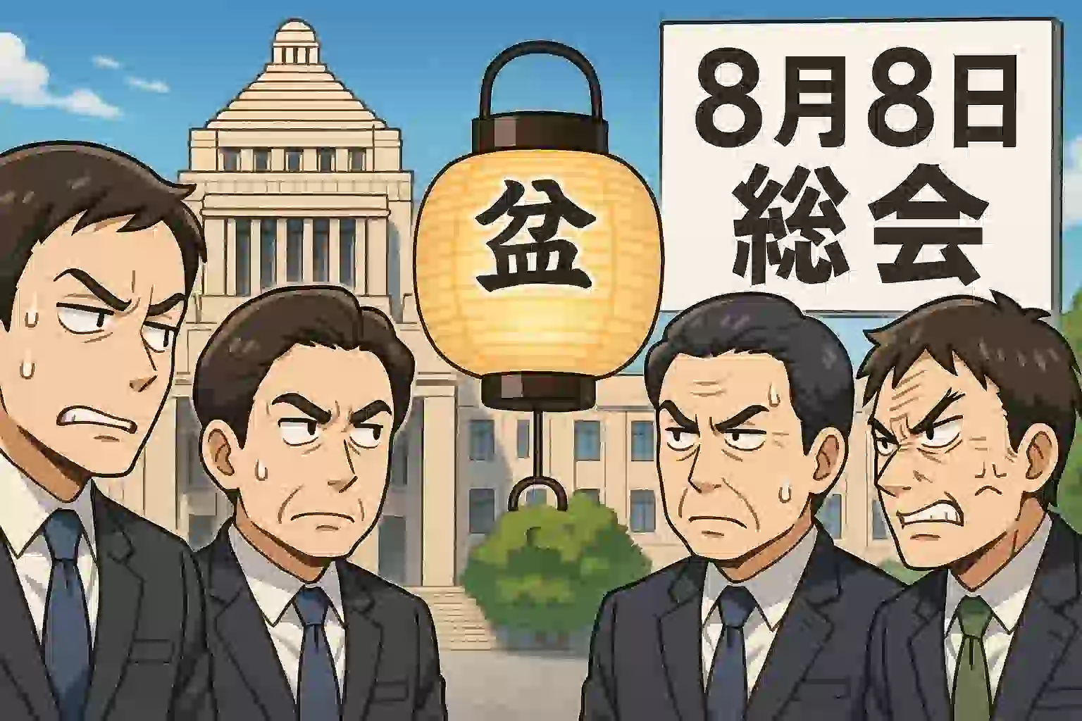 自民党がお盆に両院議員総会を開催することに対する、党内の混乱と対立をコミカルに描いたアニメ風イラスト。