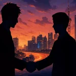 アニメ風イラスト。夕暮れの空の下、大阪と上海の街並みが融合するのを背景に、日本人と中国人のビジネスマンが固い握手を交わしている。二つの都市の間を貨物船が行き交い、未来への希望に満ちたパートナーシップを表現している。