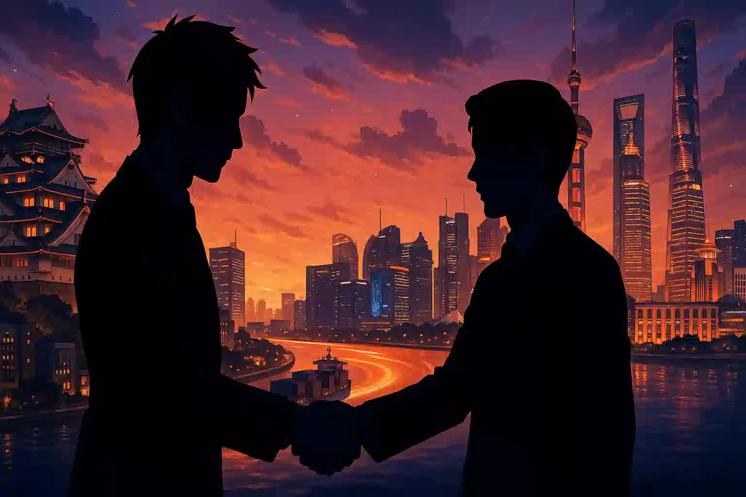 アニメ風イラスト。夕暮れの空の下、大阪と上海の街並みが融合するのを背景に、日本人と中国人のビジネスマンが固い握手を交わしている。二つの都市の間を貨物船が行き交い、未来への希望に満ちたパートナーシップを表現している。