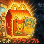 マクドナルドのポケモンハッピーセットを巡る争奪戦のイラスト。中央にピカチュウのおもちゃとポケカが輝き、背景には楽しむ子供たちと、転売を企む人物の影が描かれている。