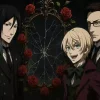 アニメ『黒執事II』のアイキャッチ画像。シエルとセバスチャン、アロイスとクロードの二組の主従が、ひび割れた鏡を挟んで対峙している。