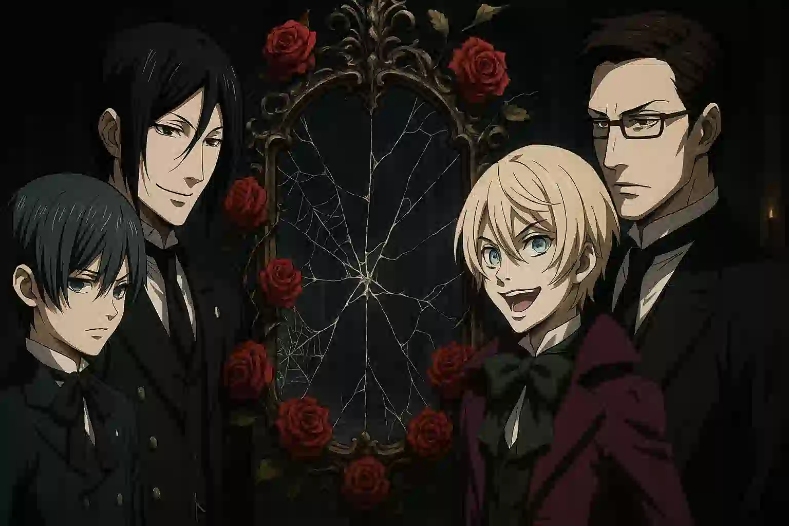 アニメ『黒執事II』のアイキャッチ画像。シエルとセバスチャン、アロイスとクロードの二組の主従が、ひび割れた鏡を挟んで対峙している。