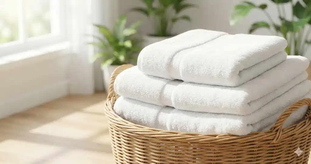 日差しが差し込む部屋に置かれた、カゴいっぱいのふわふわで清潔な白いタオル